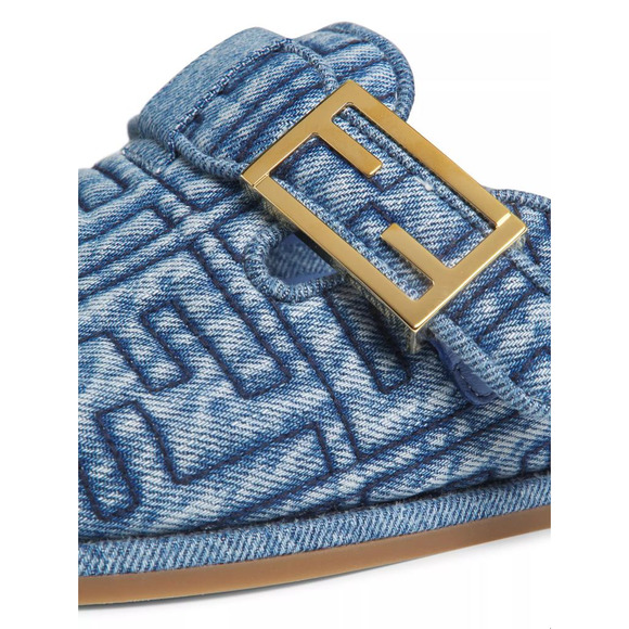 Fendi Feel Cotton Blue Denim FF Logo Gold Slip On Slide Clogs Mules Flats 40 - Picture 7 of 16